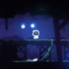 a blurred image of a person standing on a bridge in a dark room with a smiley face .