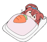 a girl is sleeping in a bed with a carrot on the blanket