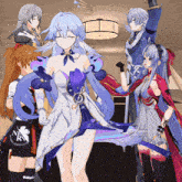 a group of anime characters with one wearing a neon genesis evangelion t-shirt