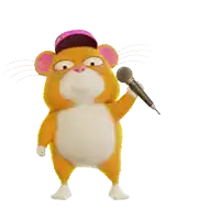 a cartoon mouse singing into a microphone with a pink hat on its head