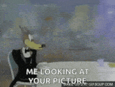 a cartoon of a person looking at a picture with the words `` me looking at your picture ''