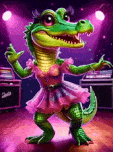 a crocodile in a pink dress is dancing on stage