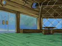 a cartoon of a room with a table and a clock on the ceiling .