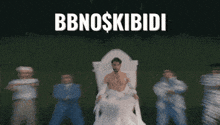 a group of people are dancing in front of a sign that says " bbnoskibidi "