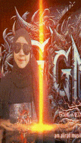a woman wearing a hijab and sunglasses is standing in front of a sign that says g.i.