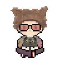 a pixel art of a girl holding a black cat