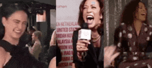 a woman is laughing while holding a microphone in front of a sign that says united states of america