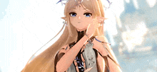 a girl with long blonde hair and blue eyes is wearing a crown