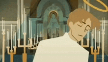 a cartoon of a man with a halo on his head standing in front of a church .