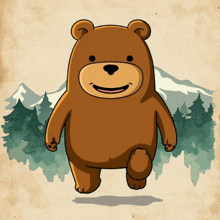 a cartoon drawing of a brown bear walking in a forest