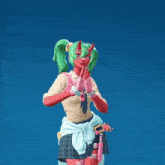 a girl with green hair and red skin is making a heart shape with her hands