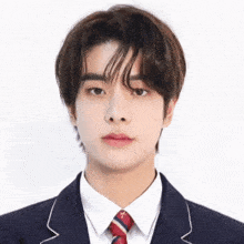 a young man in a school uniform and tie is looking at the camera .