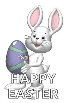 a cartoon easter bunny is holding a purple easter egg .