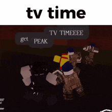 a group of soldiers are standing in front of a speech bubble that says " tv time "