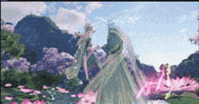 a painting of a man and a woman dancing in a field of flowers
