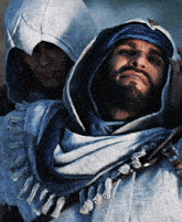 a man with a scarf around his neck is standing next to a woman in a white hoodie