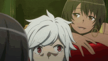 a girl with white hair and red eyes looks at another girl with brown hair
