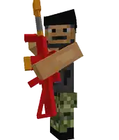 a minecraft character is holding a red weapon in his hands