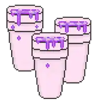 a pixel art drawing of three pink cups with purple liquid dripping out of them .