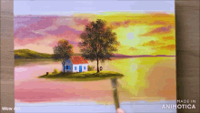 a painting of a house on a small island in the middle of a lake .