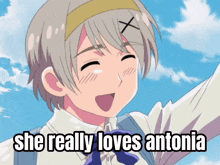 a picture of a girl with the words she really loves antonia on it