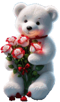 a white teddy bear is holding a bouquet of red roses