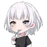 a girl with white hair is holding a fork in her mouth .