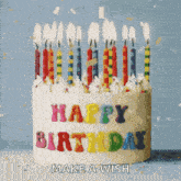 a birthday cake with candles on it and the words happy birthday make a wish
