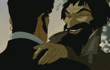 a man with a beard is hugging another man with a smile on his face