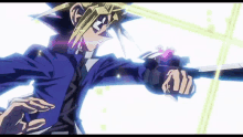 a man in a blue suit is holding a sword in his right hand
