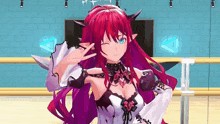 a girl with red hair and horns is making a peace sign with her hands .