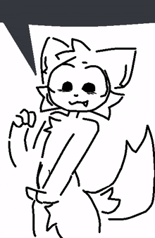a black and white drawing of a cat with a speech bubble above it .