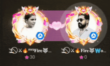 a man and a woman are surrounded by flames and a heart with the words mrs fire