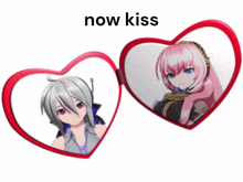 a picture of two anime girls in heart shaped mirrors with the words now kiss above them
