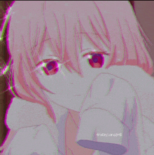 a girl with pink hair and red eyes is wearing a white shirt