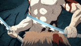 a cartoon character is holding a sword with sharp edges