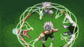 a group of anime characters are standing in a circle with lightning coming out of it .