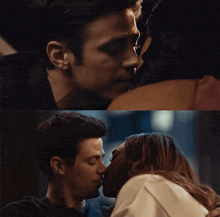 a man and a woman are kissing in a dark room