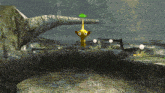a yellow cartoon character with a green leaf on top