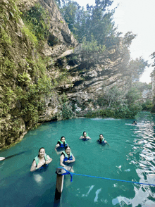 a group of people in life jackets are swimming in a river