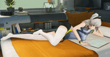 a girl is laying on her stomach on a bed with a clock on the wall that reads 28 degrees