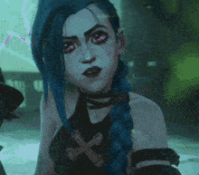 a girl with blue hair and pink eyes has a cross on her chest