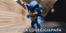 a picture of sonic the hedgehog running with the words good luck lovegigi & papa below him