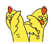 two yellow chickens are standing next to each other and giving a middle finger .