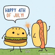 a cartoon of a hamburger and a hot dog holding sparklers and saying happy 4th of july .