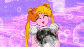 a cartoon girl holding a full moon in her hands