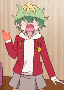 a girl with green hair is wearing a red jacket and a white shirt