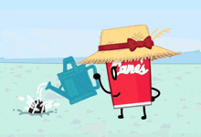 a cartoon drawing of a soda can wearing a straw hat