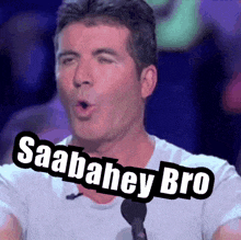 a man singing into a microphone with the words " saabaneh bro " written on his face