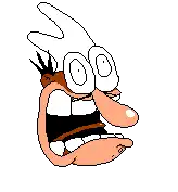 a pixel art drawing of a cartoon character with a large mouth